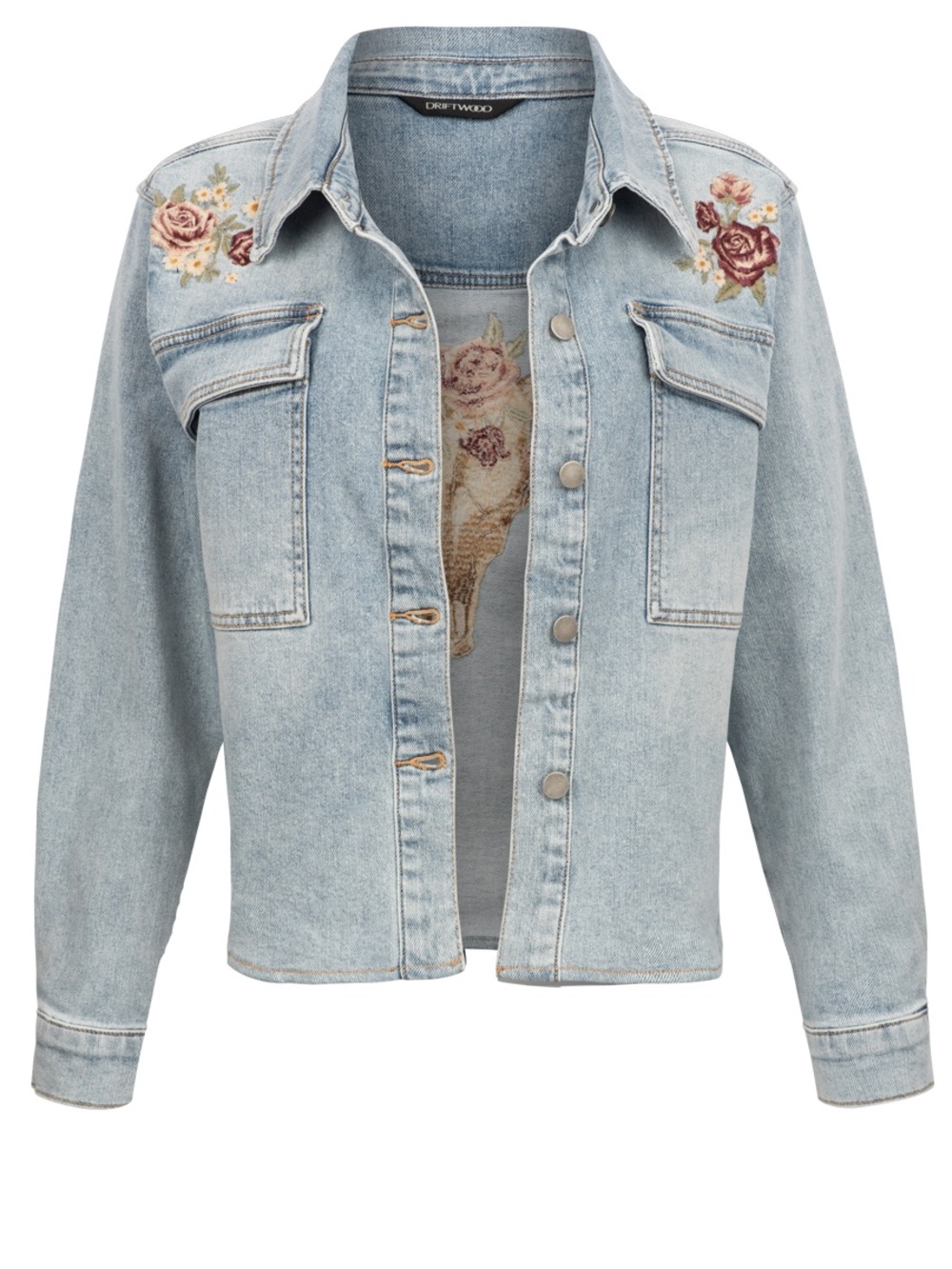 NWT Driftwood Mesa Rose Embroidered Western Denim Shacket / Shirt Jacket